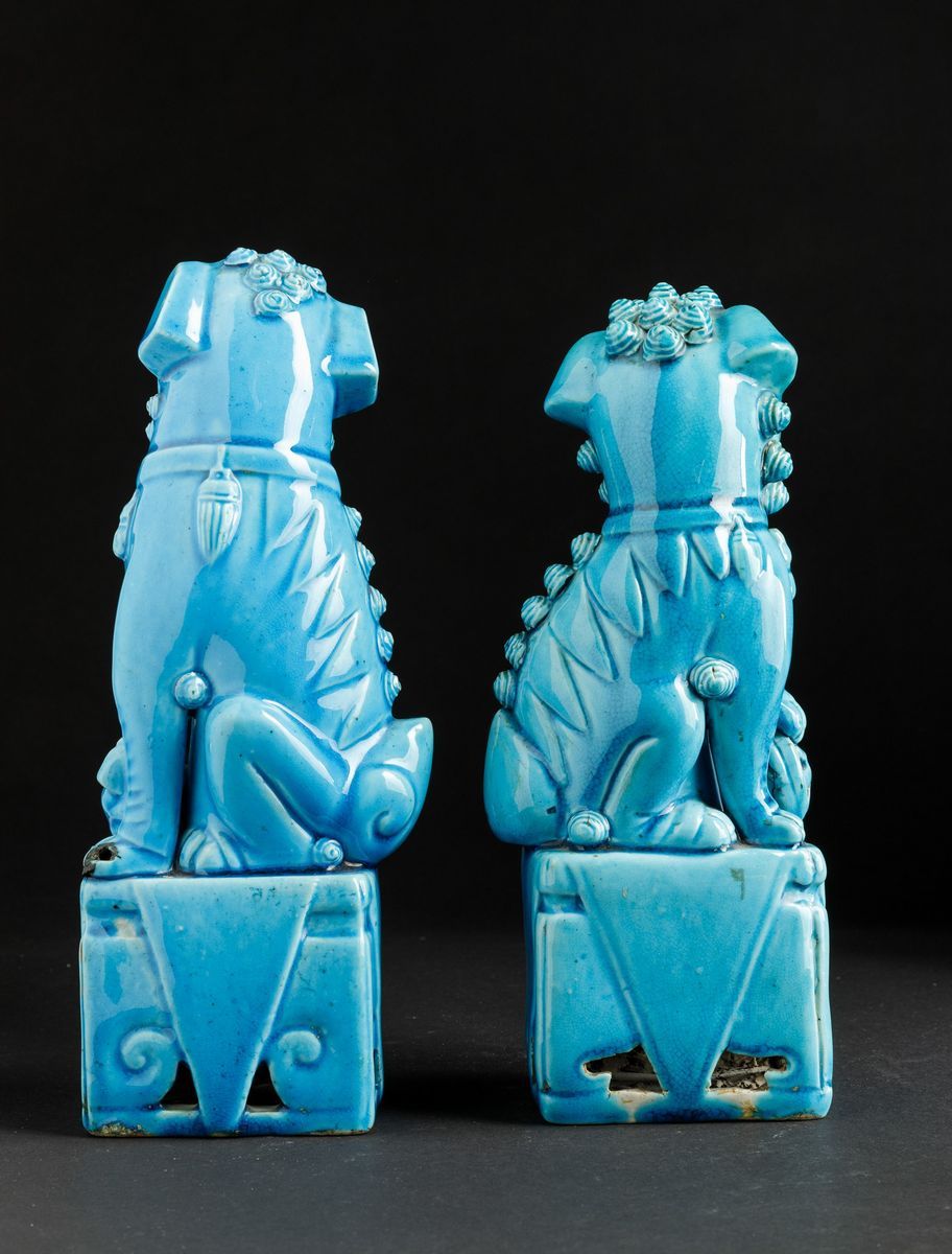 Coppia di Leoncini in Porcellana Monocroma Turchese, Cina, Dinastia Qing, XIX Secolo
