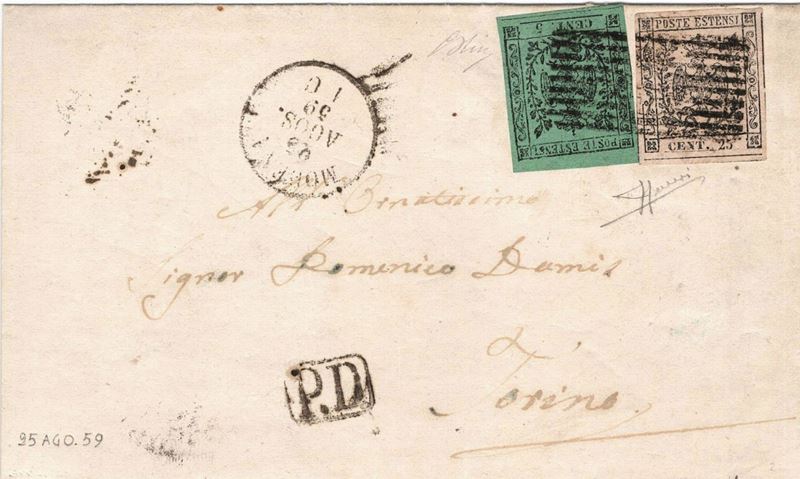 Lettera da Modena per Torino del 23 agosto 1859  - Asta Storia Postale del Risorgimento - Cambi Casa d'Aste