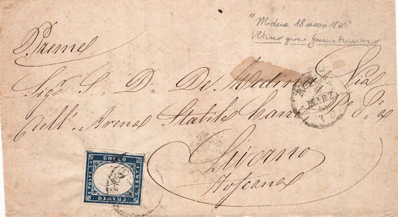 Frontespizio di lettera da Modena per Livorno del 18 marzo 1860  - Asta Storia Postale del Risorgimento - Cambi Casa d'Aste