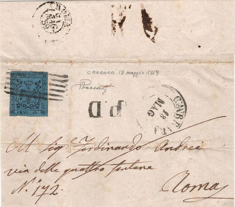 Lettera da Carrara per Roma del 18 maggio 1860  - Auction Postal History of the Risorgimento - Cambi Casa d'Aste