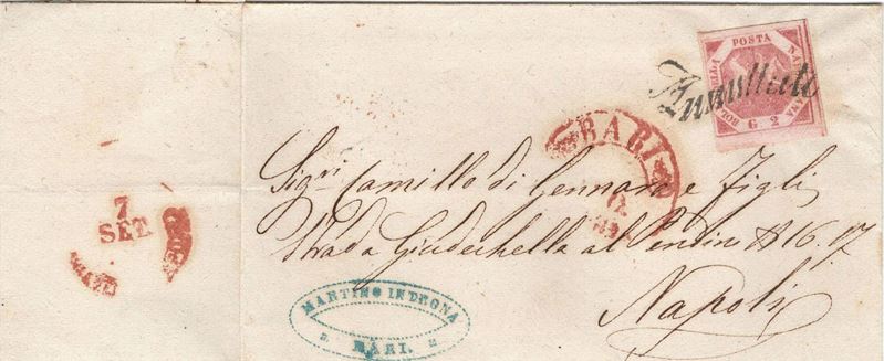 Lettera da Bari per Napoli del 4 settembre 1860  - Asta Storia Postale del Risorgimento - Cambi Casa d'Aste