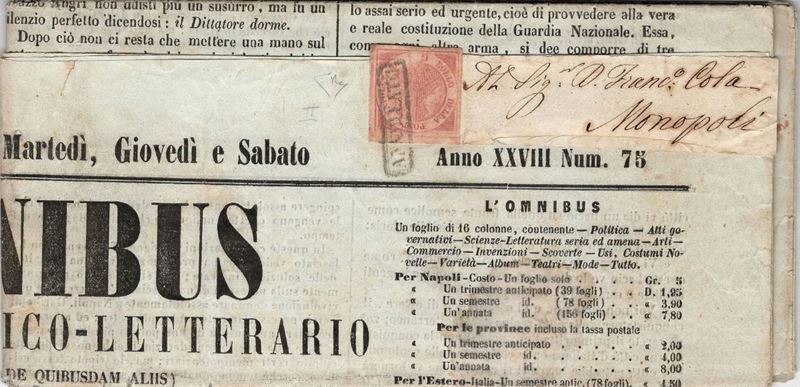 Giornale completo “l’Omnibus” da Napoli per Monopoli dell’8 settembre 1860  - Auction Postal History of the Risorgimento - Cambi Casa d'Aste