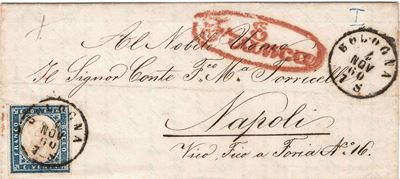 Lettera da Bologna per Napoli Via Genova del 4 Novembre 1860