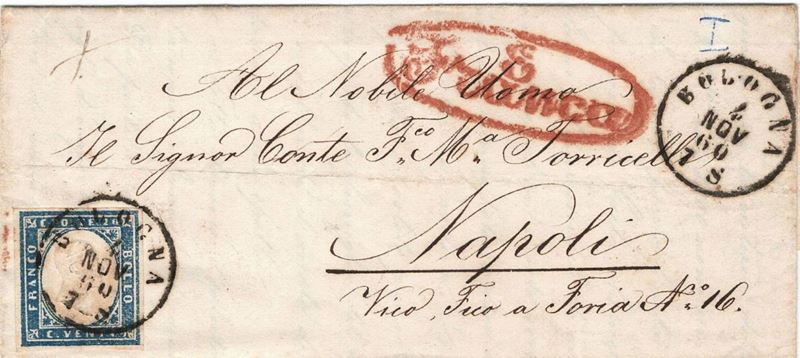 Lettera da  Bologna per Napoli via Genova del 4 novembre 1860  - Asta Storia Postale del Risorgimento - Cambi Casa d'Aste