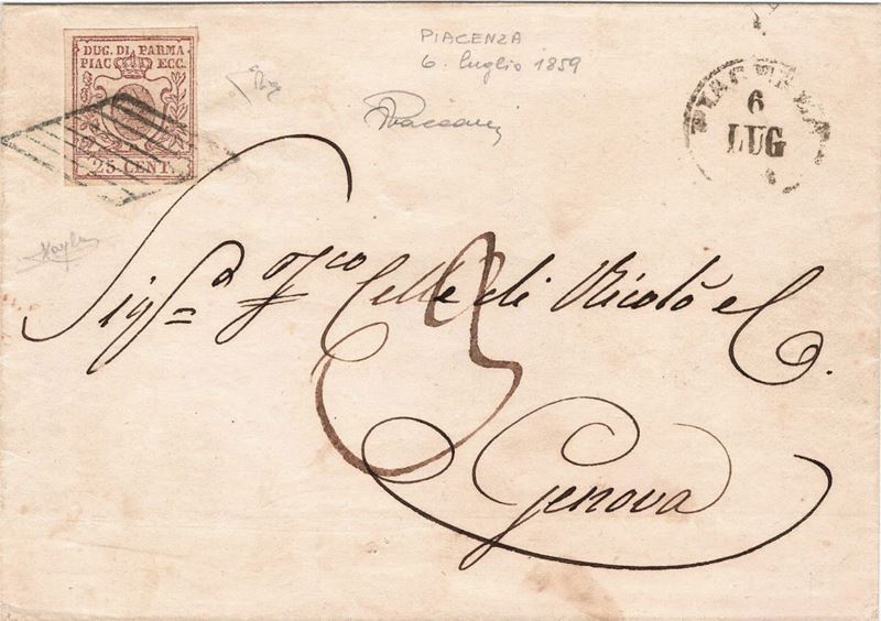Lettera da Piacenza per Genova del 6 luglio 1859  - Asta Storia Postale del Risorgimento - Cambi Casa d'Aste