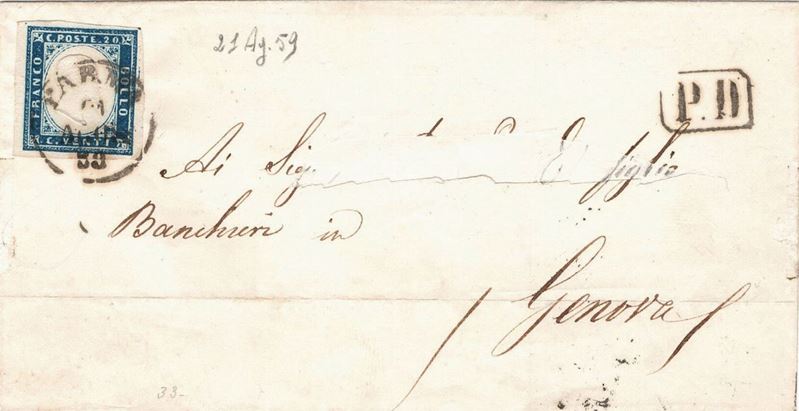 Lettera da Parma per Genova del 21 agosto 1859  - Auction Postal History of the Risorgimento - Cambi Casa d'Aste