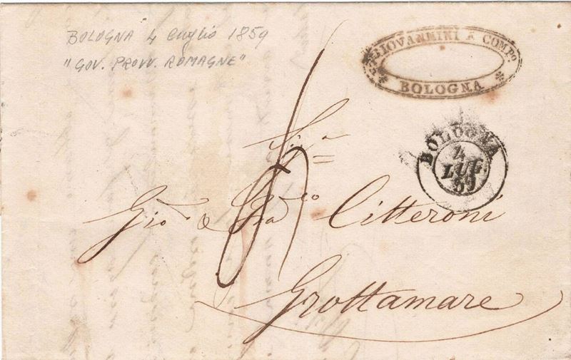 Lettera con tassa a carico del destinatario da Bologna per Grottammare (AP), del 4 luglio 1859  - Asta Storia Postale del Risorgimento - Cambi Casa d'Aste