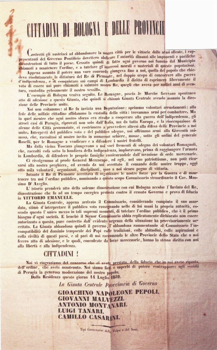 Manifesto (cm. 40x57) pubblicato 15 luglio 1859 nelle Romagne  - Asta Storia Postale del Risorgimento - Cambi Casa d'Aste