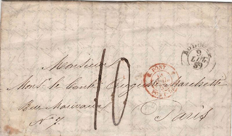 Lettera da Bologna per Parigi del 9 luglio 1859  - Asta Storia Postale del Risorgimento - Cambi Casa d'Aste