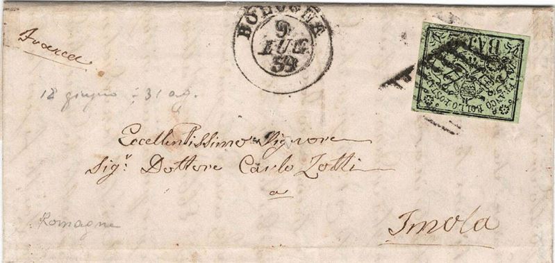 Lettera da Bologna per Imola, scritta il 7 luglio, impostata il 9 luglio 1859  - Asta Storia Postale del Risorgimento - Cambi Casa d'Aste