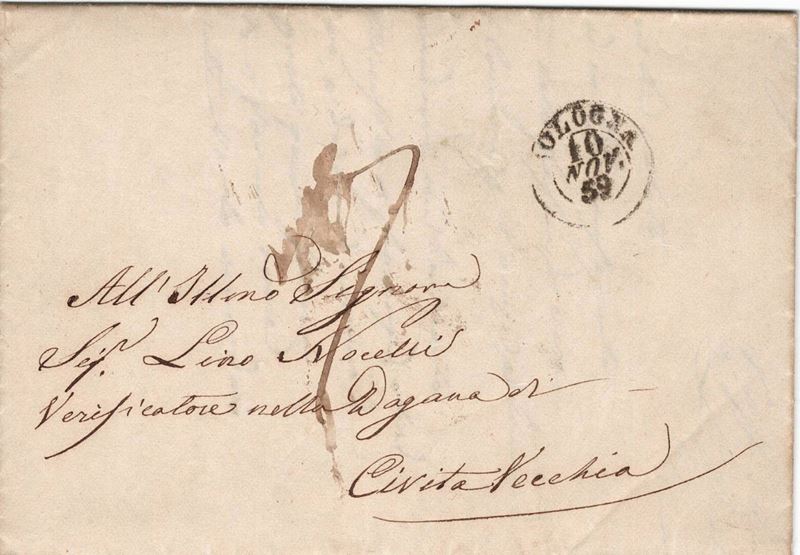 Lettera da Bologna per Civitavecchia con tassa a carico del destinatario del 10 novembre 1859  - Auction Postal History of the Risorgimento - Cambi Casa d'Aste