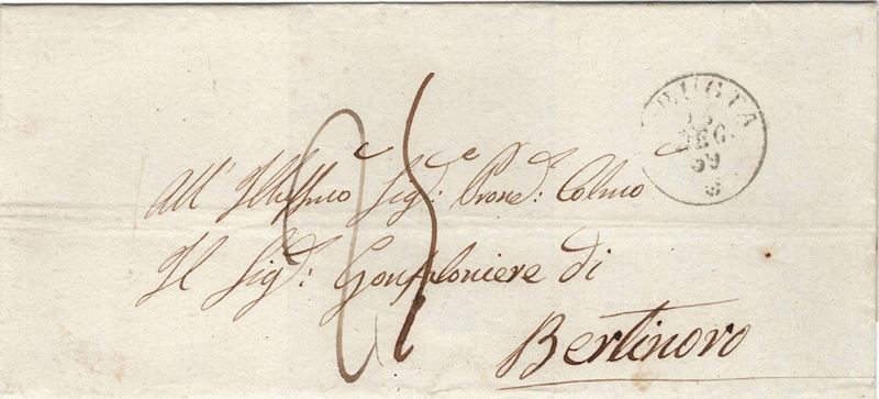 Lettera da Perugia per Bertinoro con tassa a carico del destinatario, del 26 dicembre 1859  - Auction Postal History of the Risorgimento - Cambi Casa d'Aste