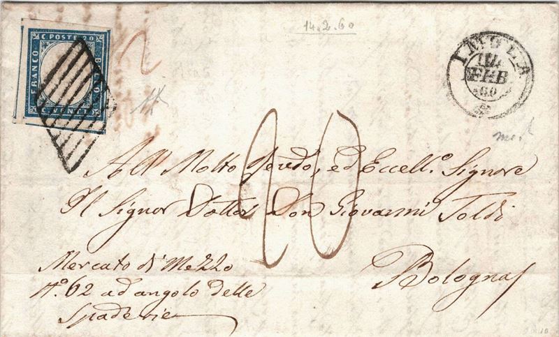 Lettera da Imola per Bologna del 14 febbraio 1860  - Asta Storia Postale del Risorgimento - Cambi Casa d'Aste