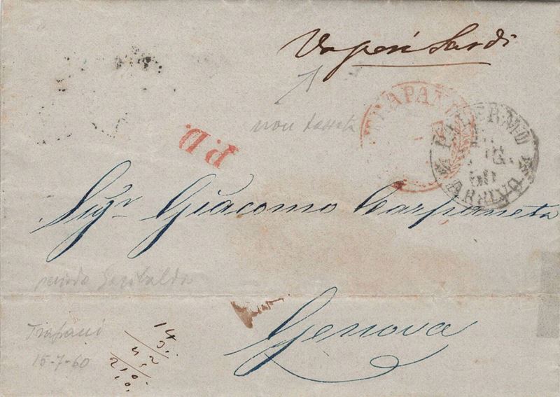 Lettera da Trapani per Genova del 15 luglio 1860  - Asta Storia Postale del Risorgimento - Cambi Casa d'Aste