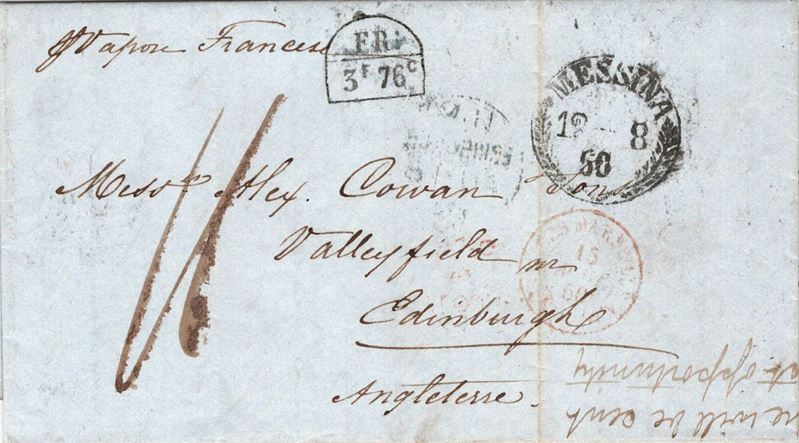 Lettera non affrancata da Messina per Edimburgo del 12 agosto 1860  - Asta Storia Postale del Risorgimento - Cambi Casa d'Aste