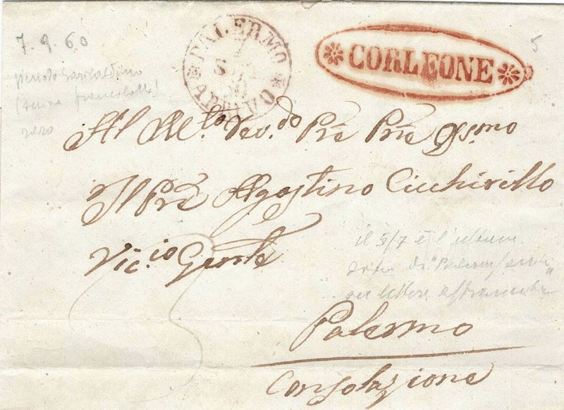 Lettera da Corleone per Palermo del 5? settembre 1860  - Asta Storia Postale del Risorgimento - Cambi Casa d'Aste