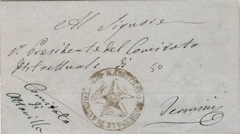 Lettera in franchigia dal Comitato di Altavilla per Termini, del 24 maggio 1860  - Asta Storia Postale del Risorgimento - Cambi Casa d'Aste