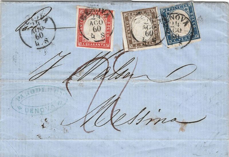 Lettera da Genova per Messina del 24 agosto 1860  - Asta Storia Postale del Risorgimento - Cambi Casa d'Aste
