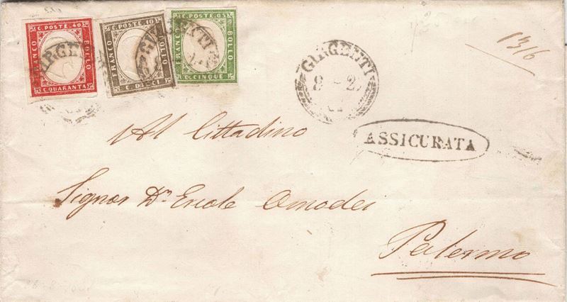 Raccomandata da Girgenti per Palermo del 27 agosto 1861  - Auction Postal History of the Risorgimento - Cambi Casa d'Aste