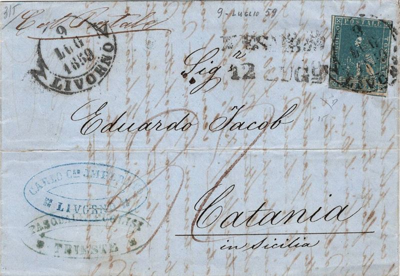 Lettera da Trieste per Catania del 26 giugno 1859  - Auction Postal History of the Risorgimento - Cambi Casa d'Aste