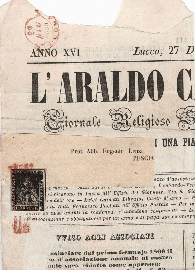 Gran parte del giornale “L’Araldo Cattolico” del 27 dicembre 1859  - Auction Postal History of the Risorgimento - Cambi Casa d'Aste