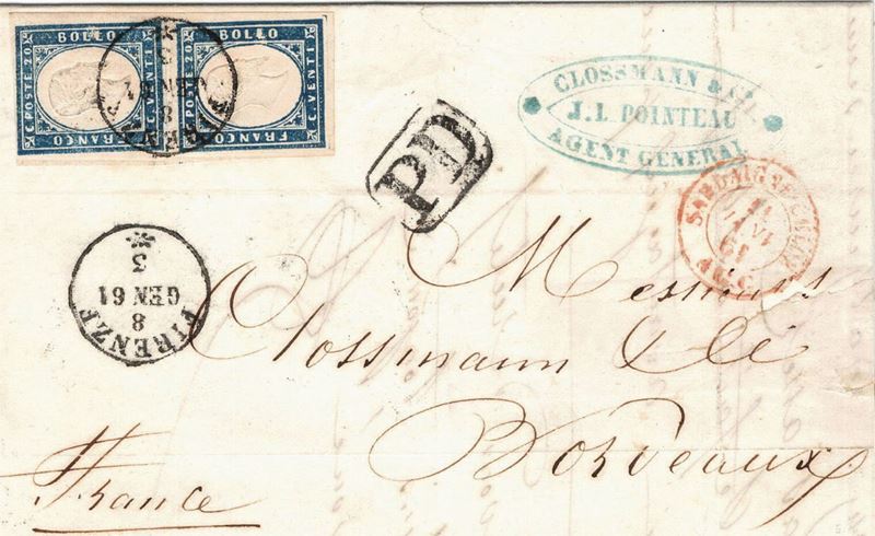 Lettera da Firenze per Bordeaux, Francia, dell’8 gennaio 1861  - Auction Postal History of the Risorgimento - Cambi Casa d'Aste