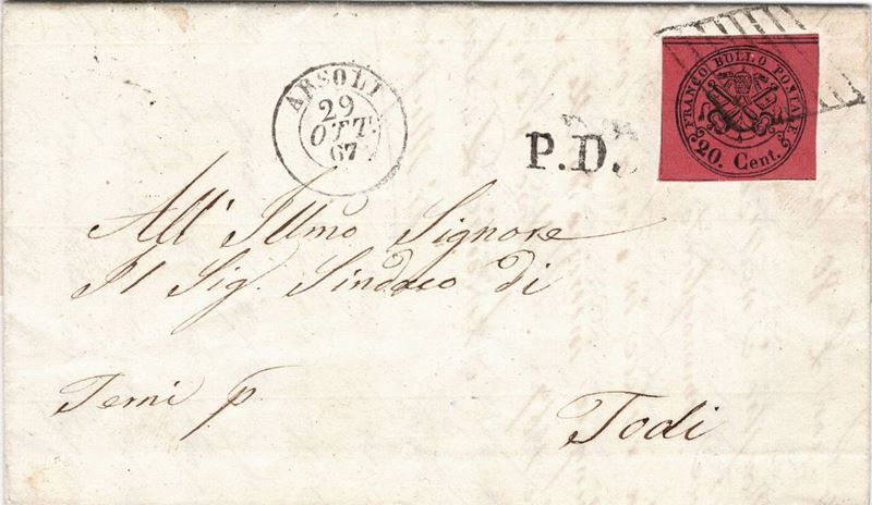 Lettera da Arsoli per Todi del 29 ottobre 1867  - Asta Storia Postale del Risorgimento - Cambi Casa d'Aste
