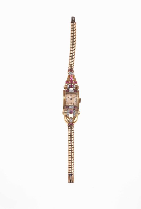 Orologio da polso per signora, con diamanti taglio huit-huit e rubini naturali e sintetici