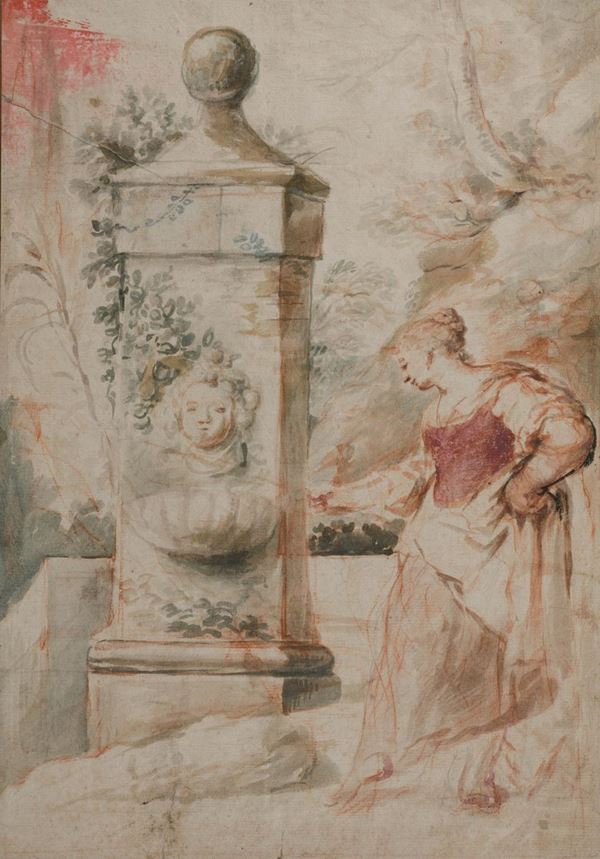 Scuola del XVII secolo Recto: Giovane donna alla fontana Verso: Giovane uomo presso una fontana