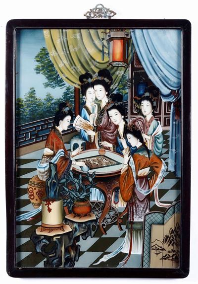 Dipinto su Vetro Raffigurante Scena di Vita di Corte con Dame, Cina, Dinastia Qing, XIX Secolo
