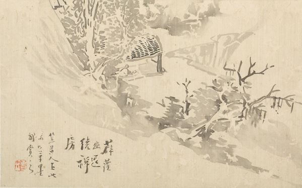Dipinto su carta raffigurante paesaggio con abitazione e iscrizione, Cina, Dinastia Qing, XIX secolo