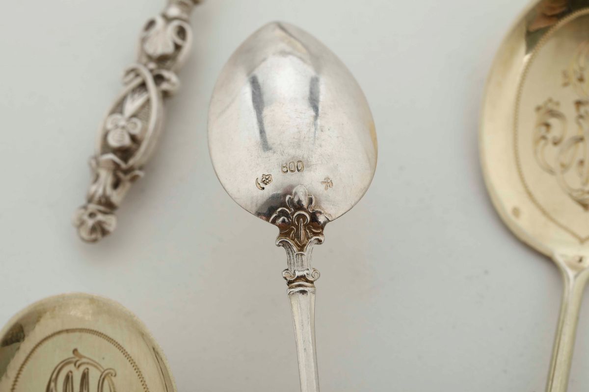 Insieme di 12 Cucchiaini in Argento, Germania XX Secolo, 12 Cucchiaini in Argento Dorato, Francia...