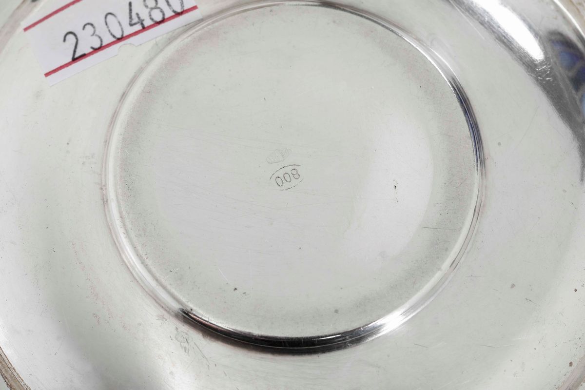 Insieme di Pinze, Cestino con Vetro Blu, Tre Piattini, Paletta da Dolce in Argento. Differenti Ma...