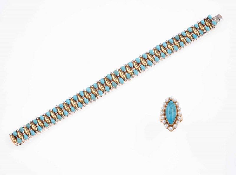Bracciale con turchesi e piccoli diamanti ed anello con turchese e piccole perle  - Auction Fine Coral Jewels - II - Cambi Casa d'Aste