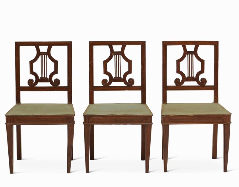 Tre sedie Luigi XVI con cartella lira, XIX secolo  - Auction Artworks and Furniture from Lombard private Mansions - Cambi Casa d'Aste