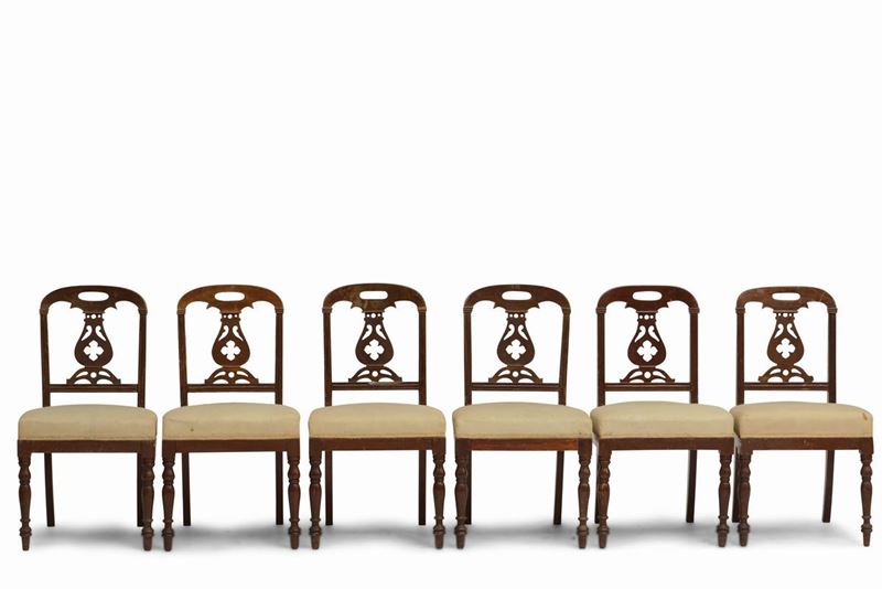 Sei sedie in noce cartella a lira, schienale stondato, XIX secolo  - Auction Artworks and Furniture from Lombard private Mansions - Cambi Casa d'Aste