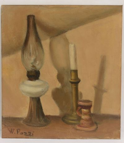 Walter Pozzi (1911-1989) Natura Morta con Lanterna e Due Candelabri