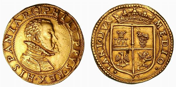 MILANO. Filippo II, 1554-1598. Doppia da quattro scudi d’oro.