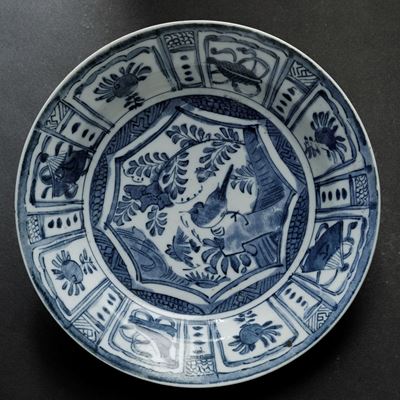 Piatto in Porcellana Bianca e Blu con Uccellino tra i Rami e Soggetti Naturalistici Entro Riserve...