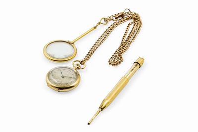 Zenith - Orologio da Taschino in Oro 18k con Catena con Lente e Portamina in Oro, Circa 1900