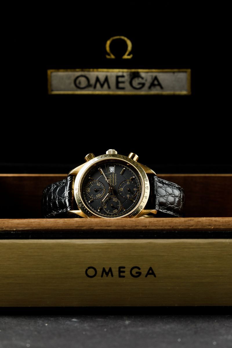 Omega - Speedmaster Automatic Ref. 1750043, Oro 18k con Doppio Quadrante Nero e Blu. Scatola e Ga...