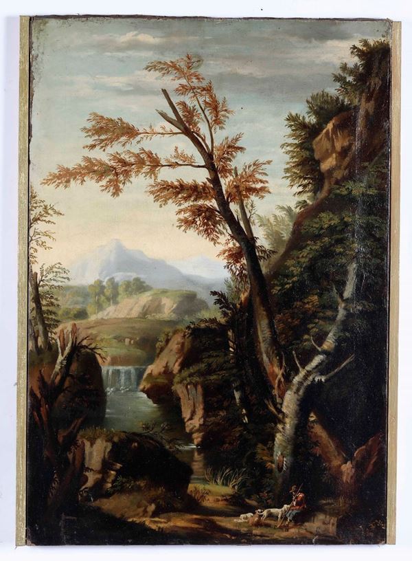 Scuola romana del XVIII secolo Paesaggio con pastore