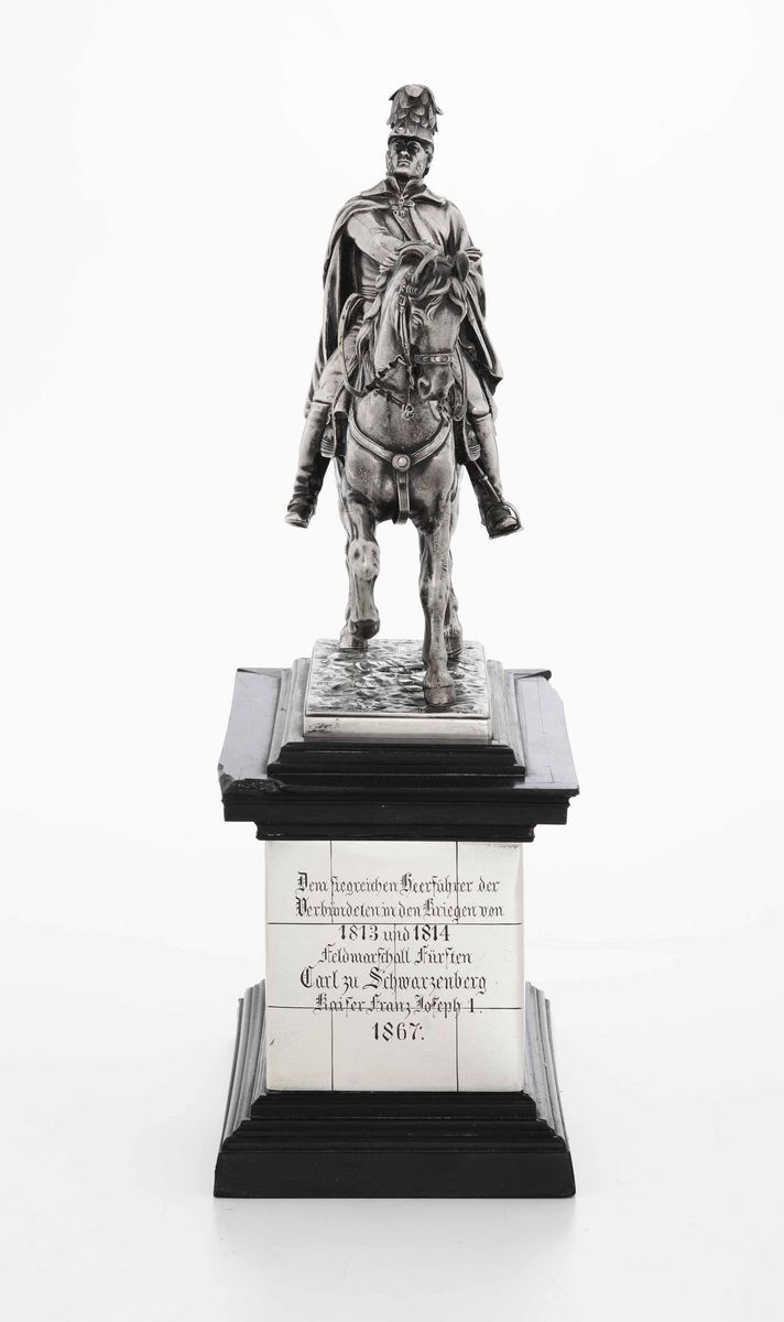 Il Principe di Schwarzenberg (1771-1820) Statuetta Equestre in Argento e Base in Marmo. Praga, Se...