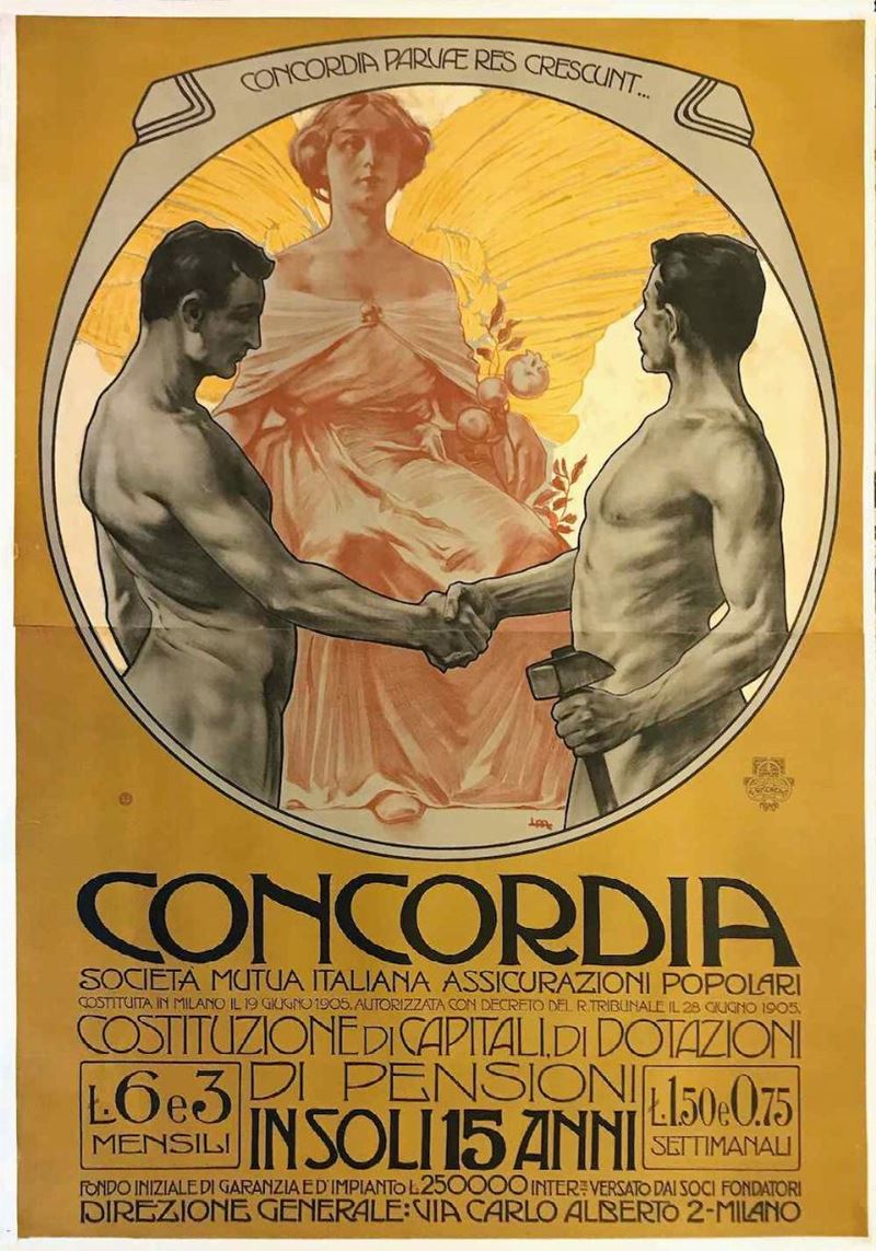 Leopoldo Metlicovitz (1868-1942) CONCORDIA / SOCIETA  MUTUA ASSICURAZIONI POPOLARI  - Asta Manifesti d'epoca - Cambi Casa d'Aste