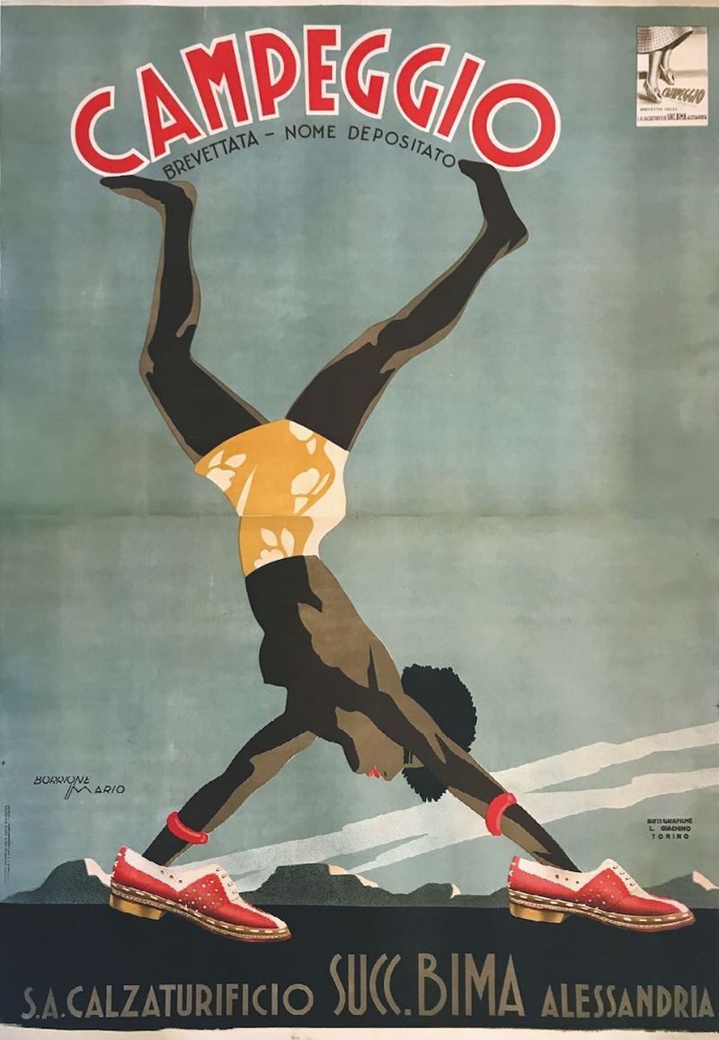 Mario Borrione (1903-1984) CAMPEGGIO / S.A. CALZATURIFICIO SUCC. BIMA - ALESSANDRIA  - Auction Vintage Posters - Cambi Casa d'Aste