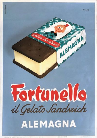 Mario Menzardi (1914-2007)eskibon, Gelati Alemagna / Fortunello, il Gelato Sandwich Alemagna