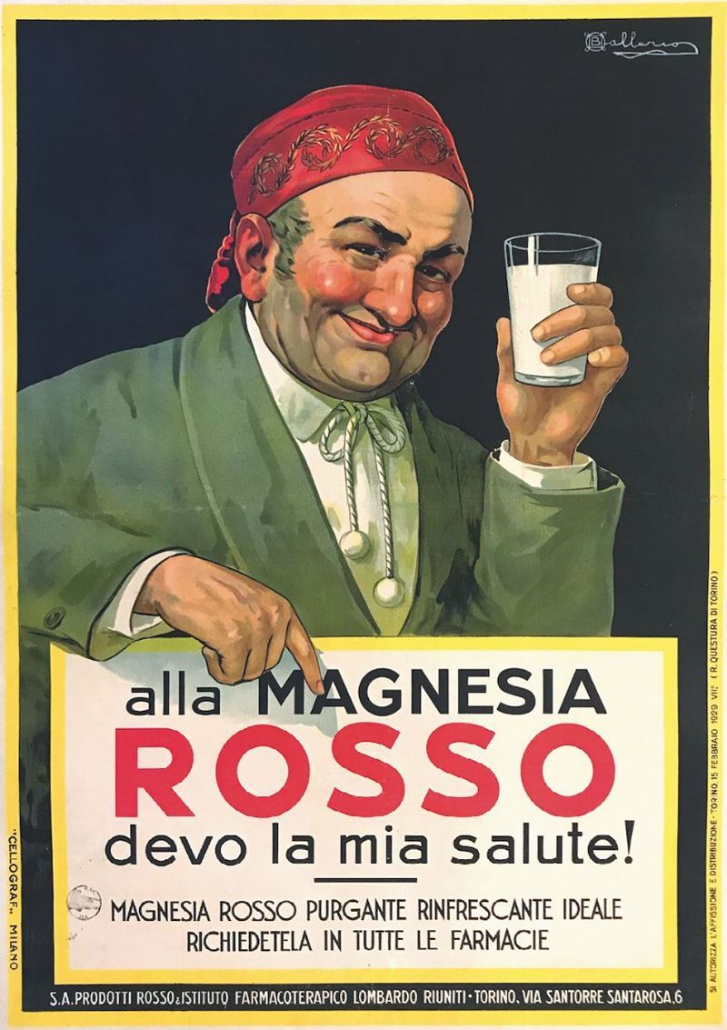 Osvaldo Ballerio (1870-1942) ALLA MAGNESIA ROSSO DEVO LA MIA SALUTE!  - Auction Vintage Posters - Cambi Casa d'Aste
