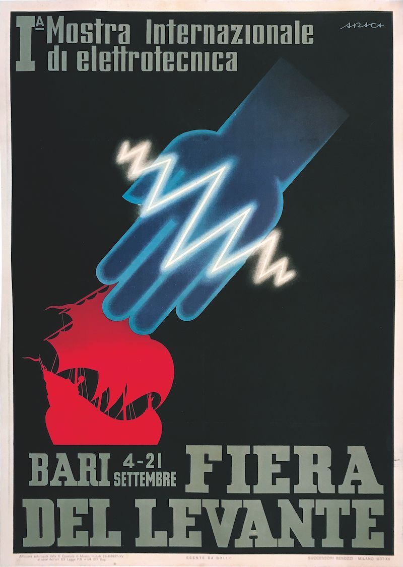 Enzo Forlivesi ARACA - Montanari (1898-1989) 1.a MOSTRA INTERNAZIONALE DI ELETTROTECNICA / BARI FIERA DEL LEVANTE  - Auction Vintage Posters - Cambi Casa d'Aste