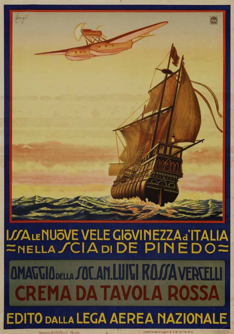 Ugo Attardi (1923-2006) ISSA LE NUOVE VELE GIOVINEZZA D ITALIA NELLA SCIA DI DE PINEDO / CREMA DA TAVOLA ROSSA  - Auction Vintage Posters - Cambi Casa d'Aste