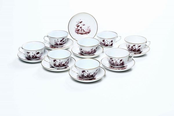 Otto tazze da tè con piattino Doccia, Manifattura Richard Ginori, seconda metà XX secolo